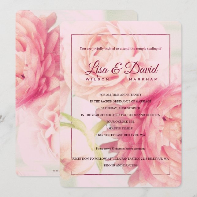 Invitation Temple Mariage et réception Invitation-pivoines (Devant / Derrière)