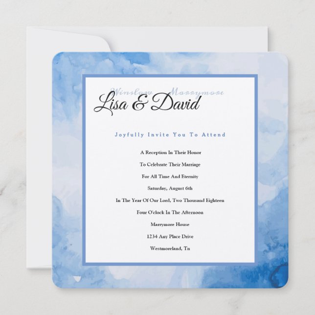Invitation Temple Mariage Réception Invitation-Bleu Aquarelle (Devant)