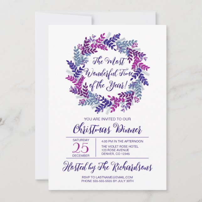 Invitation Temps le plus merveilleux Purple Wreath fête de No (Devant)