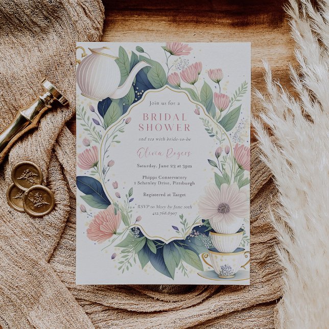 Invitation Temps pour la Fête des mariées florale rose Tea (Créateur téléchargé)