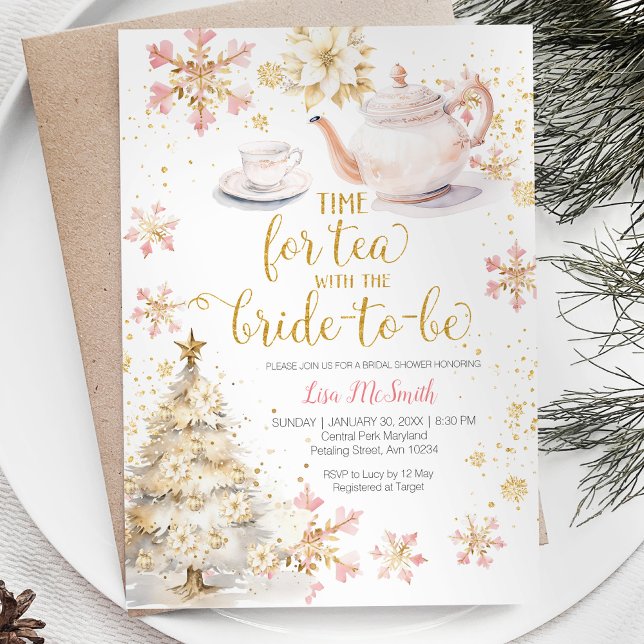 Invitation Temps Pour Tea Pink Christmas Gold Fête des mariée (Créateur téléchargé)