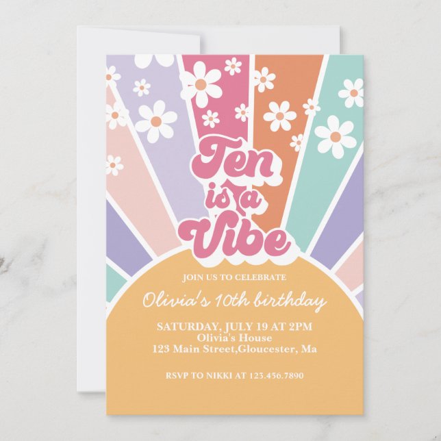 Invitation Ten est une Vibe Retro Sunshine Rainbow Daisy (Devant)
