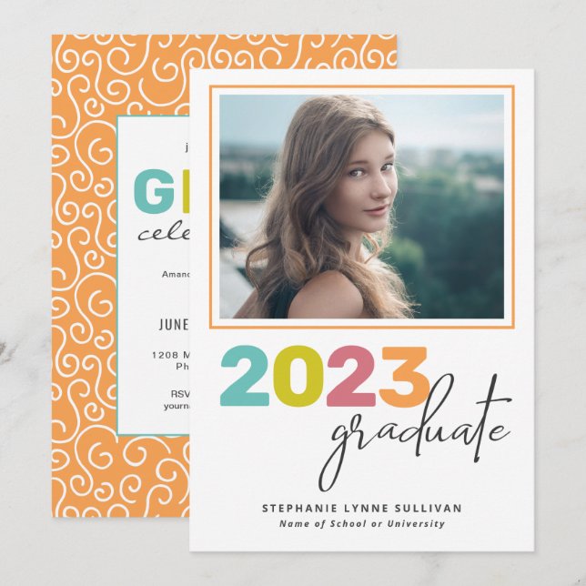 Invitation Tendance coloré Lettres Moderne Grad Party (Devant / Derrière)