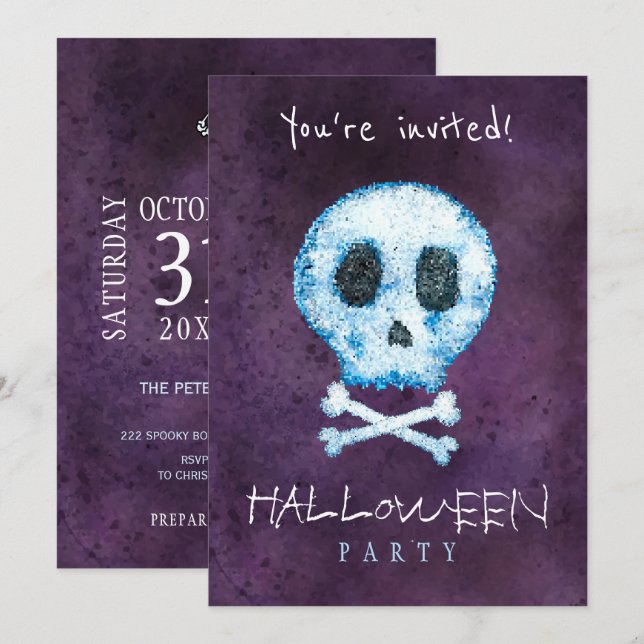 Invitation Tendance Halloween aquarelle crâne et os fête (Devant / Derrière)