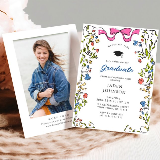 Invitation Tendance Pink Bow Ribbon Fête de graduation (Créateur téléchargé)