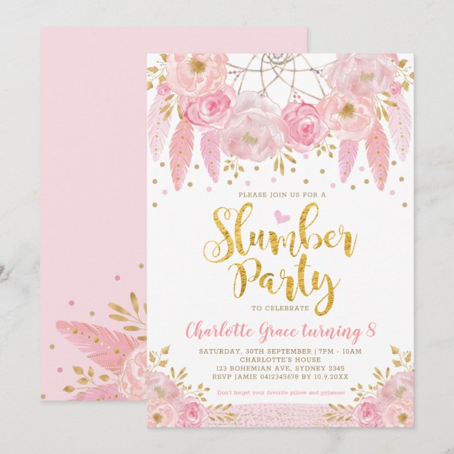 Invitation Tendance Pink Dreamcatcher Sleepover Party (Devant / Derrière)