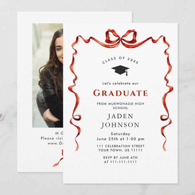 Invitation Tendance Red Bow Ribbon Fête de graduation PHOTO (Devant / Derrière)