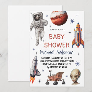 Invitation Tendance Rocket Ship Space Galaxy Alien Baby showe