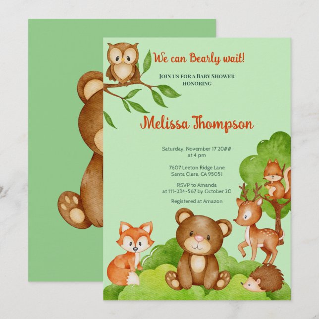 Invitation Tendance Woodland Forest amis Animaux Baby shower (Devant / Derrière)