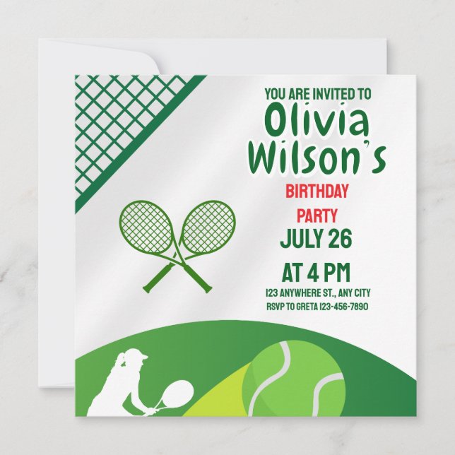 Invitation Tennis Anniversaire Party, Joueuse de Tennis Invit (Devant)