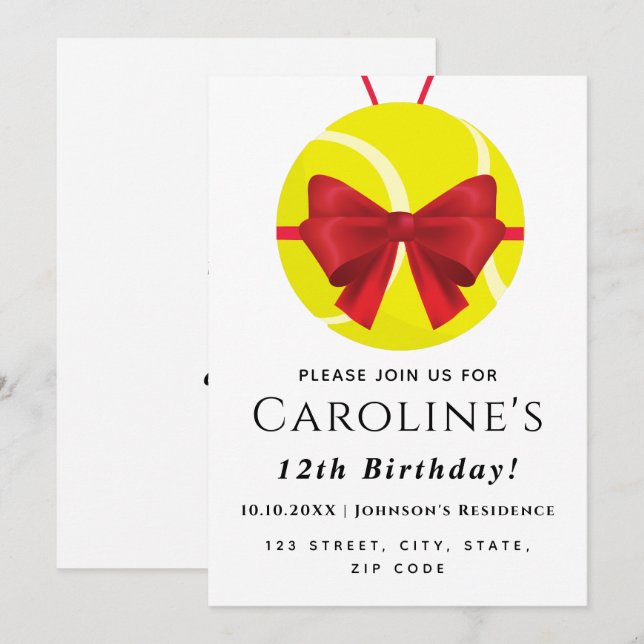Invitation Tennis Ball Cadeau Red Bow fête anniversaire (Devant / Derrière)