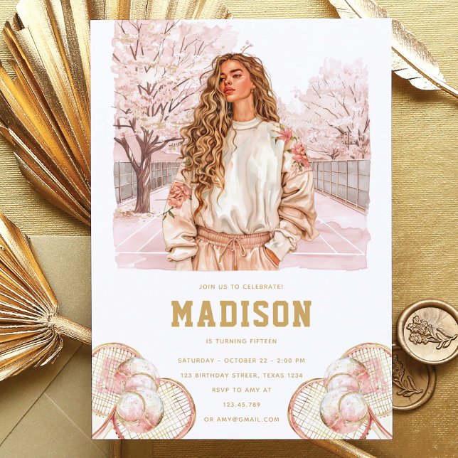 Invitation Tennis Luxury Adolescente Anniversaire Rose Gold (Créateur téléchargé)