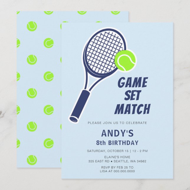 Invitation Tennis Racquet Blue Boys Anniversaire (Devant / Derrière)