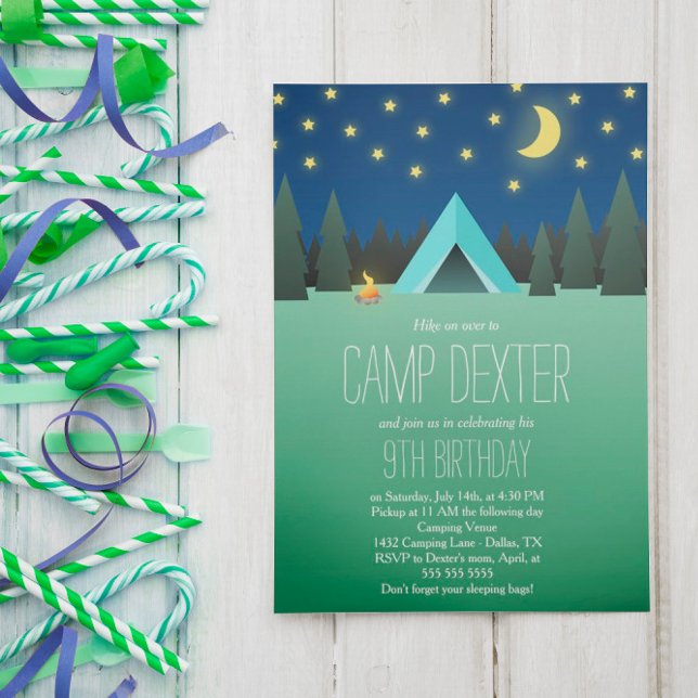 Invitation Tente bleue sous les étoiles Anniversaire Camping (Créateur téléchargé)