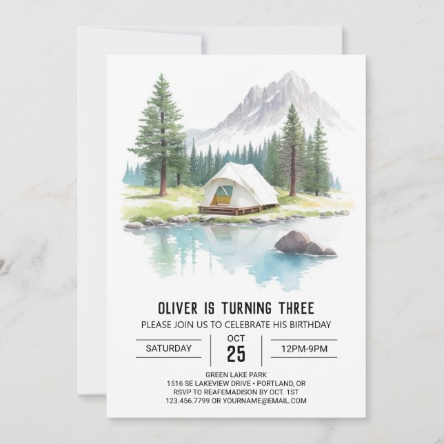Invitation Tente d'aquarelle dans les pins Anniversaire (Devant)