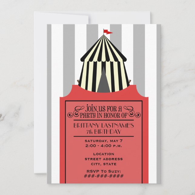 Invitation Tente de cirque noir et blanc avec billet rouge An (Devant)