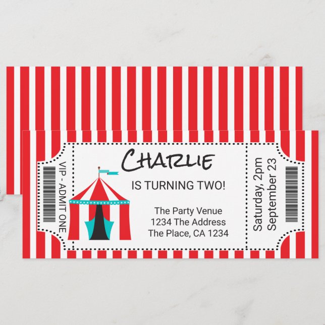 Invitation Tente de cirque Nouveauté Billet personnalisé (Devant / Derrière)