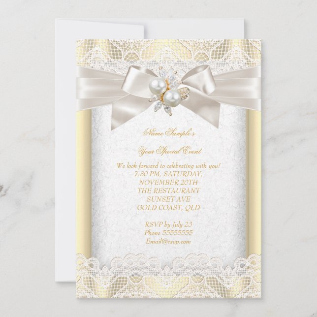 Invitation Tenue de fête élégante perle bijou crème dentelle (Devant)