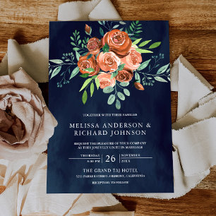Invitation Terme brûlé Orange Roses Floral Navy Blue Mariage