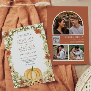 Invitation Terme Citrouille Floral Terracotta QR Code Mariage