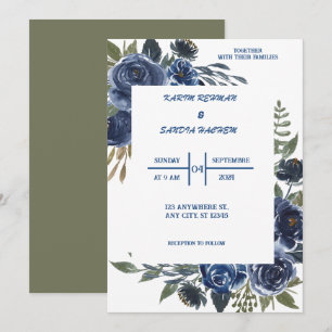 Invitation Terme Orange Roses Floral Marine Mariage bleu