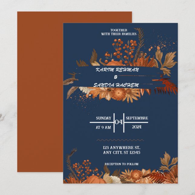 Invitation Terme Orange Roses Floral Marine Mariage bleu (Devant / Derrière)