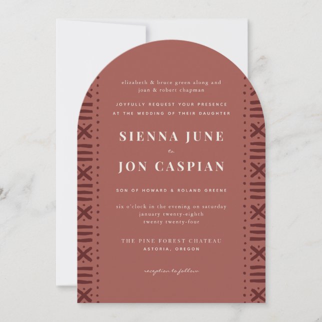 Invitation Terra Cotta Boho Mariage frontalier en tissu boueu (Devant)
