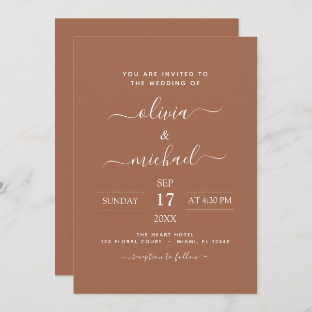 Invitation Terra Cotta Boho Mariage Moderne Simple (Devant / Derrière)