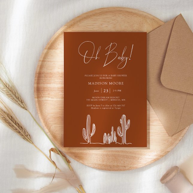 Invitation Terracota Baby Shower Cactus Line Art Désert (Créateur téléchargé)