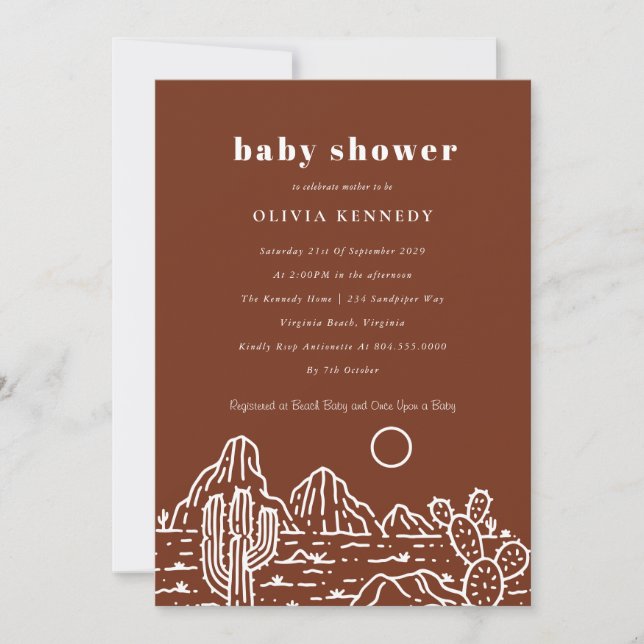 Invitation Terracota Baby shower Cactus Line Art Desert (Devant)