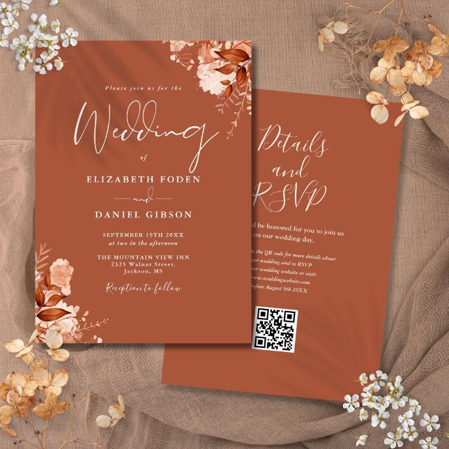Invitation Terracotta Automne Automne Floral QR Code Mariage (Terracotta Autumn Fall Floral QR Code Wedding Invitation)