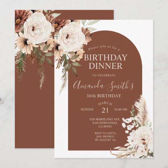 Invitation Terracotta Boho Arch Floral Anniversaire 30e Dîner (Devant / Derrière)