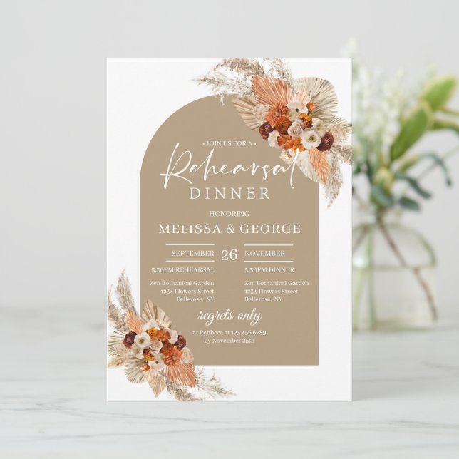 Invitation Terracotta boho arche fleurs tropicales cuivre bei (Debout devant)