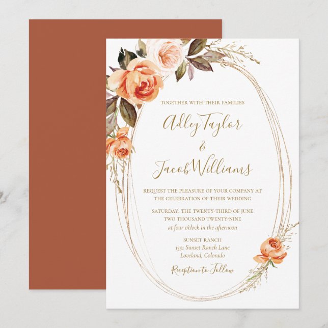 Invitation Terracotta Boho Automne Floral Bural Orange Mariag (Devant / Derrière)