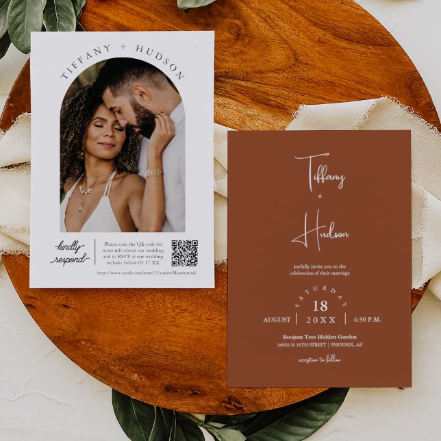 Invitation Terracotta Boho Minimal Mariage Arch Photo QR Code (Créateur téléchargé)