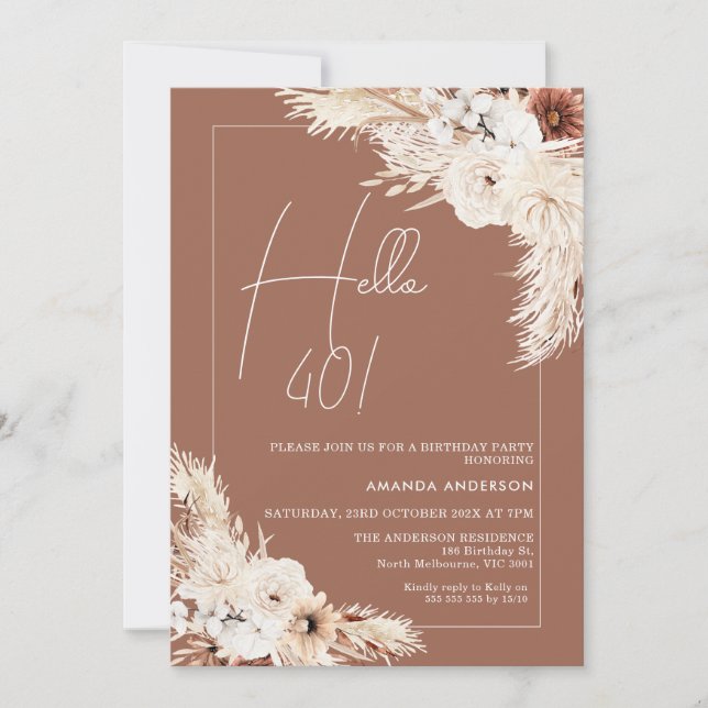 Invitation Terracotta Boho Pampas Grass Bonjour 40e anniversa (Devant)