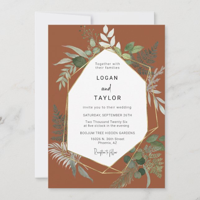 Invitation Terracotta Botanical Greenery Gold QR Code Photo (Devant)