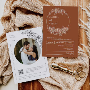 Invitation Terracotta Botanique Line Art Boho QR Code Photo