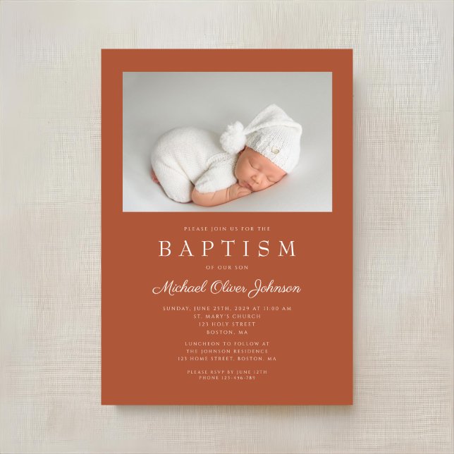 Invitation Terracotta Brown Photo moderne Baptême (Terracotta Brown Modern Photo Baptism Invitation)