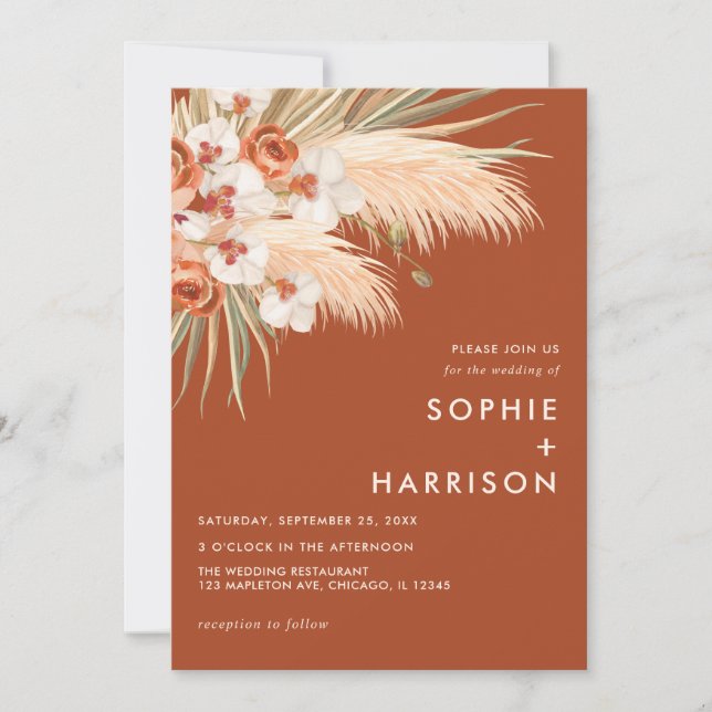 Invitation Terracotta Burange Boho Pampas Mariage en herbe (Devant)