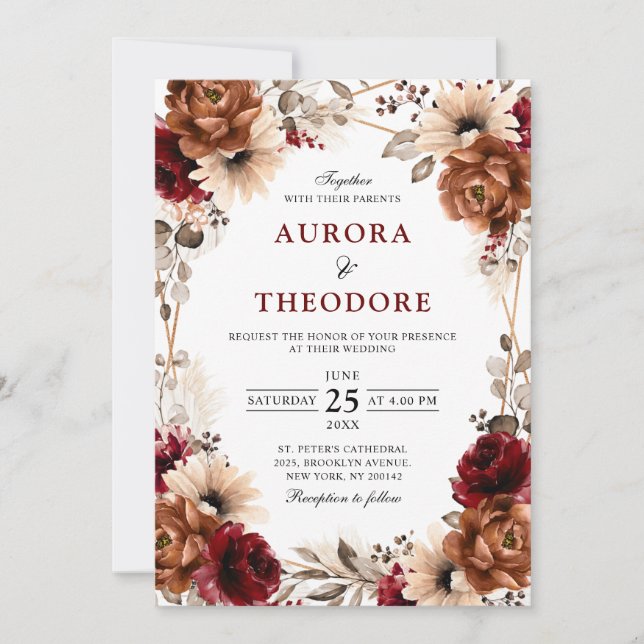 Invitation Terracotta Burgundy Mauve Floral Mariage géométriq (Devant)