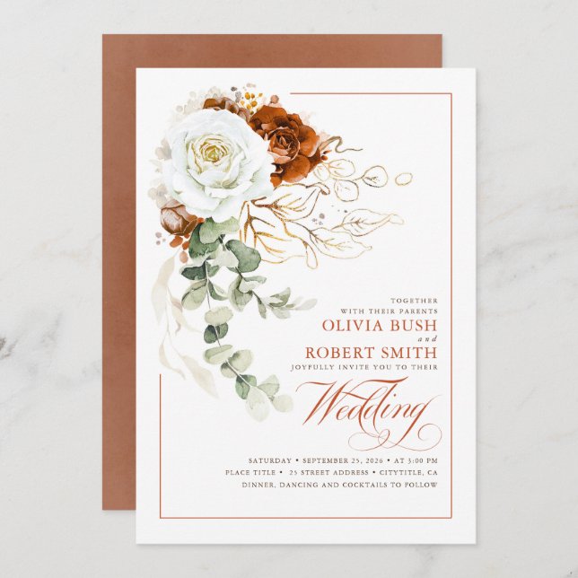 Invitation Terracotta Burnt Orange & Blanc Floral Mariage (Devant / Derrière)
