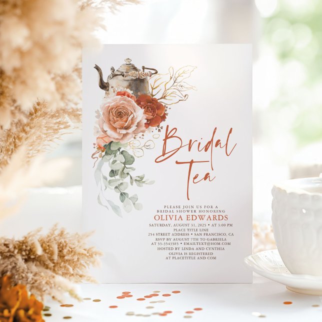 Invitation Terracotta Burnt Orange Fête des mariées Tea Party (Bridal Tea Terracotta Boho Bridal Shower Invitations)