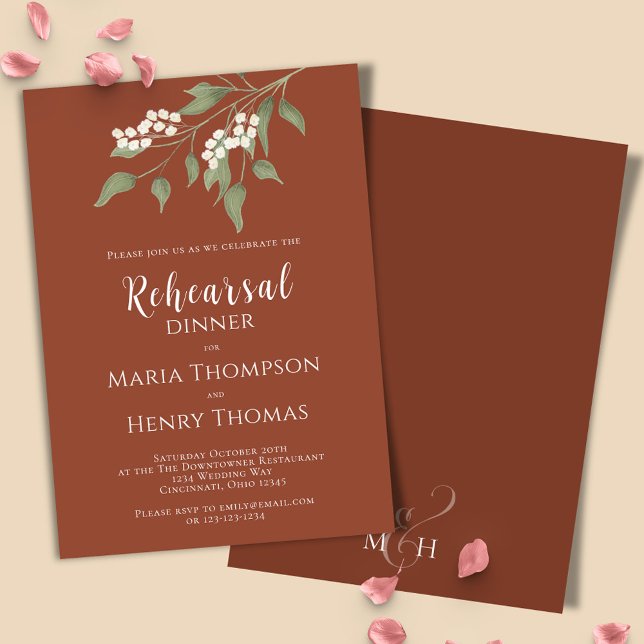Invitation Terracotta Calligraphie Ampersand Verdure Floral (Terracotta floral greenery rehearsal dinner invitation with white floral accents. )