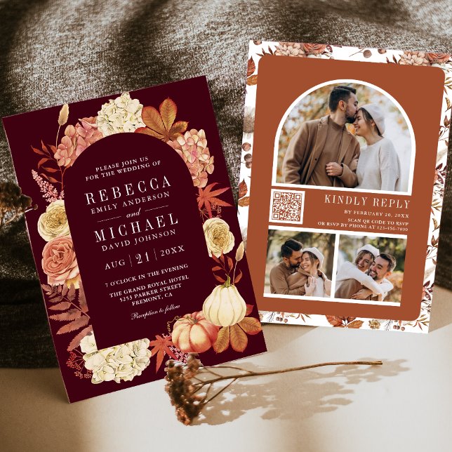 Invitation Terracotta Citrouille Floral QR Code Mariage Bourg (Créateur téléchargé)