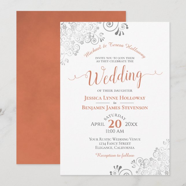 Invitation Terracotta Coral Dentelle d'argent Formel Mariage  (Devant / Derrière)