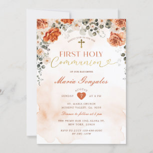 Invitation Terracotta Croix Florale Fille Première Sainte Com