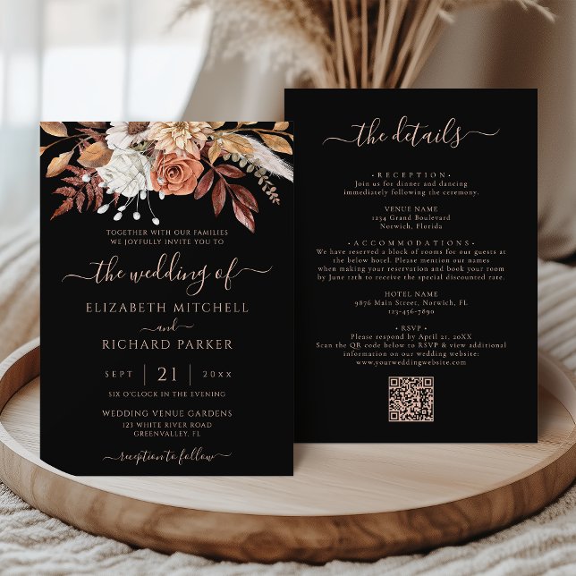 Invitation Terracotta Fall Floral Black All In One Wedding (Créateur téléchargé)