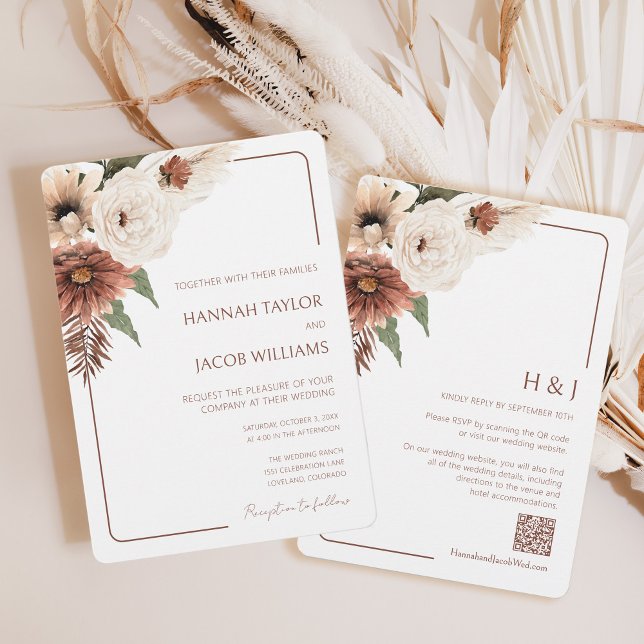 Invitation Terracotta Fall Floral moderne QR Code RSVP Mariag (Créateur téléchargé)