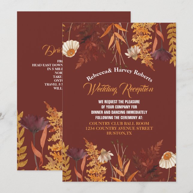 Invitation Terracotta Fleur sauvage Réception de mariage d'au (Devant / Derrière)